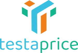 Logotipo de TestaPrice: punto de información y lectura de código de barras.