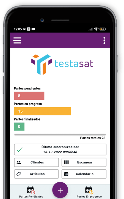 Captura de pantalla de App móvil TestaSat para seguimiento y mantenimiento de cualquier tipo de equipo y sistema. Gestión real de incidencias técnicas.